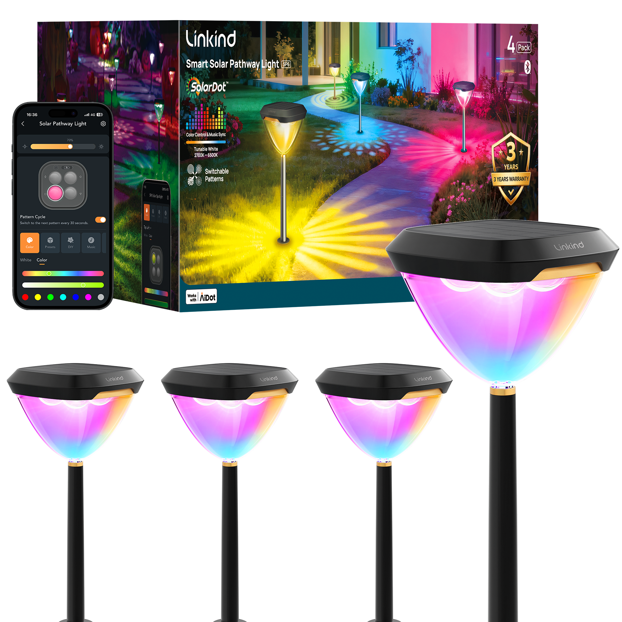 Linkind Smart Solar Pathway Lights SP6, in-App Pattern Switching Solar Lights Outdoor Waterproof, Solar & Wired Charging Color-Changing Landscape Lighting, Garden Decor for Yard, Patio (4 Pack)