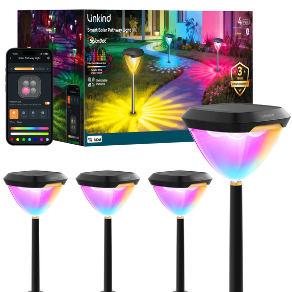 Linkind Smart Solar Pathway Lights SP6, in-App Pattern Switching Solar Lights Outdoor Waterproof, Solar & Wired Charging Color-Changing Landscape Lighting, Garden Decor for Yard, Patio (4 Pack)