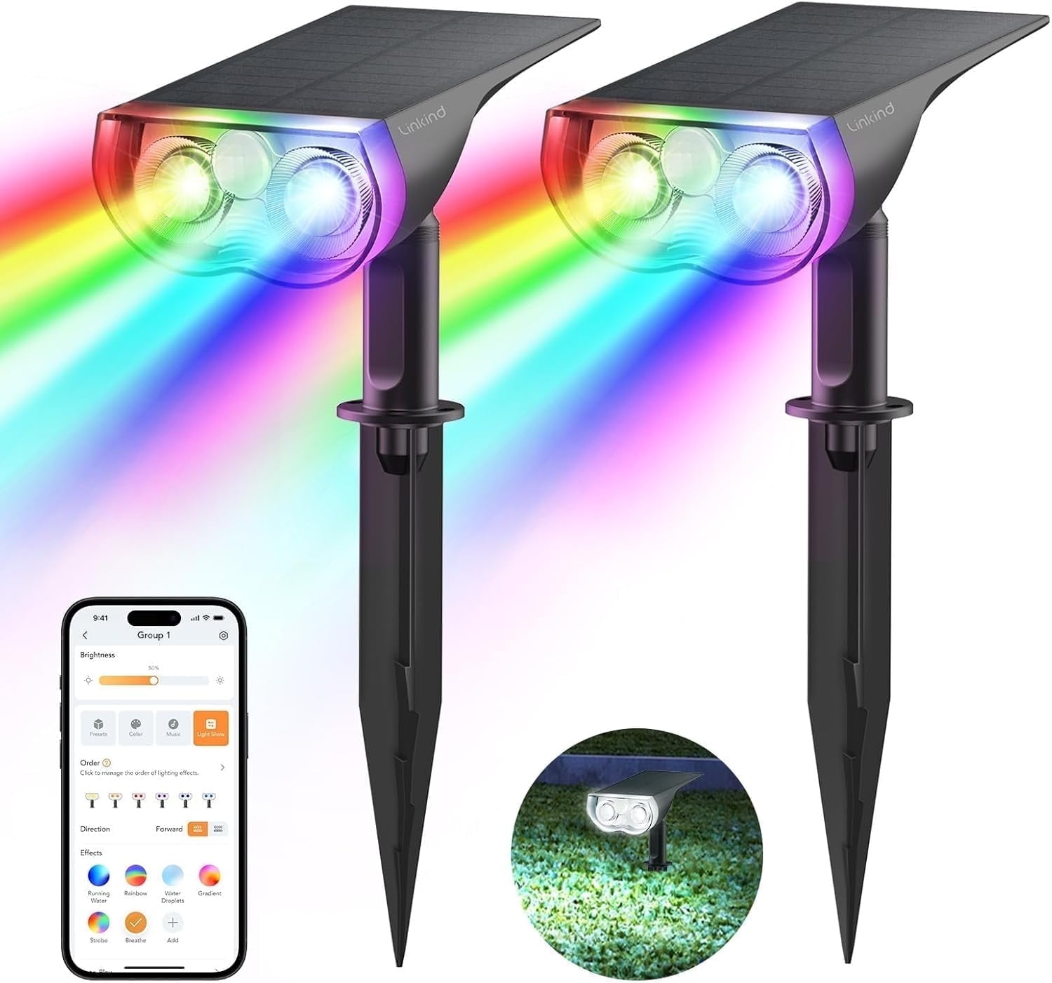 Linkind Smart Solar Lights Outdoor, Color Changing Solar Spotlights, Multicolor Smart Landscape Lights for Holiday Party, Pathway, Yard, Garden (2Pack)