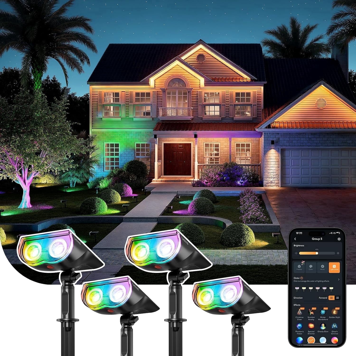 Linkind Smart Solar Spot Lights Outdoor, Solar Spotlight Waterproof Color Changing APP/Voice Control Landscape Lighting for Yard, Garden, Pathway, 4-Pack
