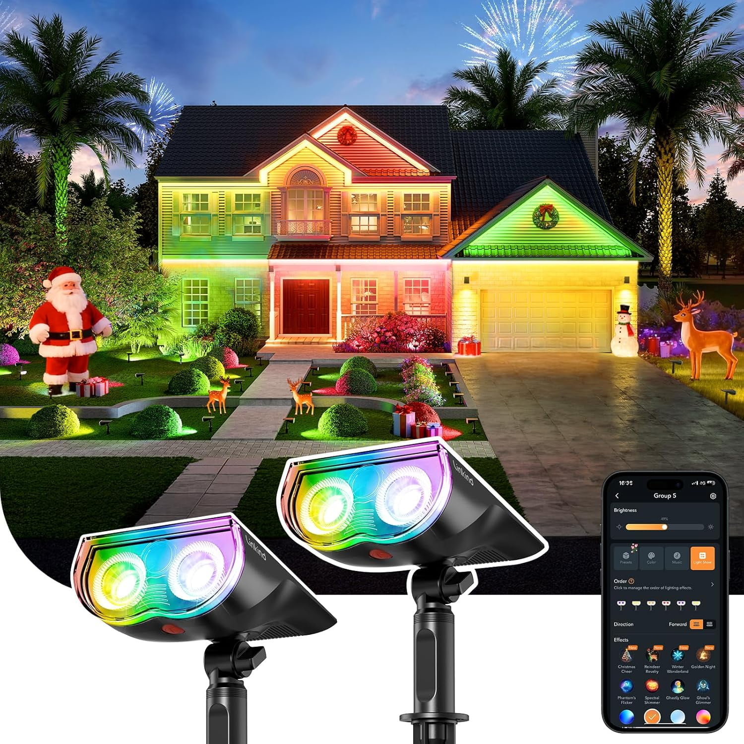 Linkind Smart Solar Spot Lights Outdoor, Solar Spotlight Waterproof Color Changing APP/Voice Control Landscape Lighting for Yard, Garden, Pathway, 2-Pack