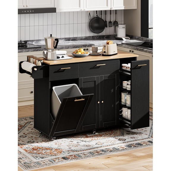 Linkriseed 55" Kitchen Island with Storage, Island Table for Kitchen with Drawers, Flip-Top Trash Can Cabinet and Pull-Out Cabinet, Side Spice Rack and Hooks, Rolling Carts with 5 Wheels, Black