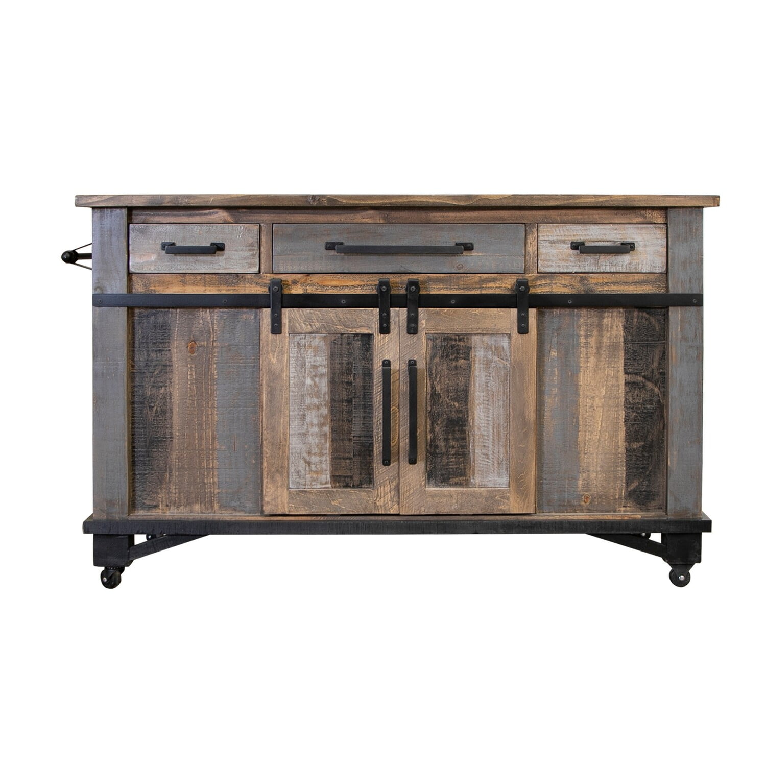 Linn 60 Inch Kitchen Island, Caster Wheels, Barn Door Gray Brown Solid