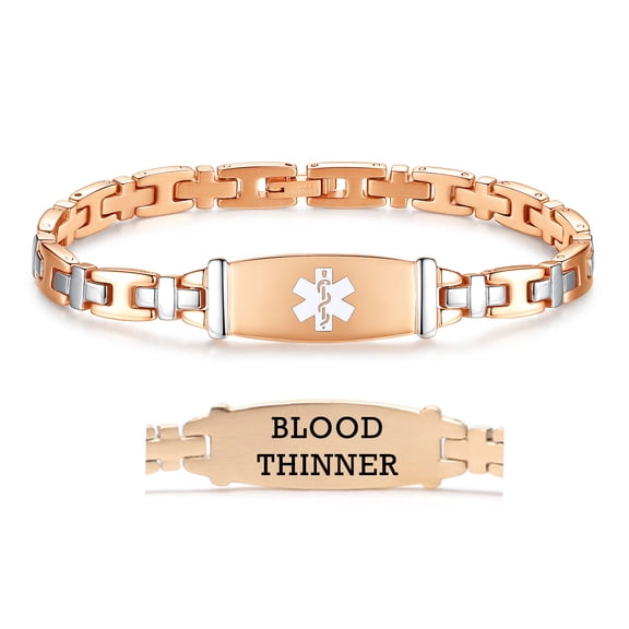 LinnaLove 7 1/2 in Lady Rose gold Medical Alert id Bracelets-Stainless steel Medical bracelets for women Blood thinner bracelets