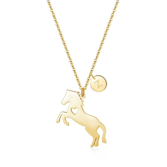 LinnaLove Stainless Steel Horse Necklace Pendant with 26 Initials disc charm(Gold-Initials: Z)