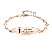 LinnaLove Stylish heart chain Bible Verse Bracelet with Mantra Quotes -Rose gold cross bracelet-Christian Gifts for Women Rose Gold,I Am With You Always..