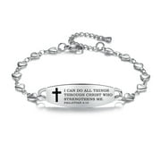 LinnaLove Stylish heart chain Bible Verse Bracelet with Mantra Quotes -Stainless steel cross bracelet-Christian Gifts for Women (silver,I can do all things...)