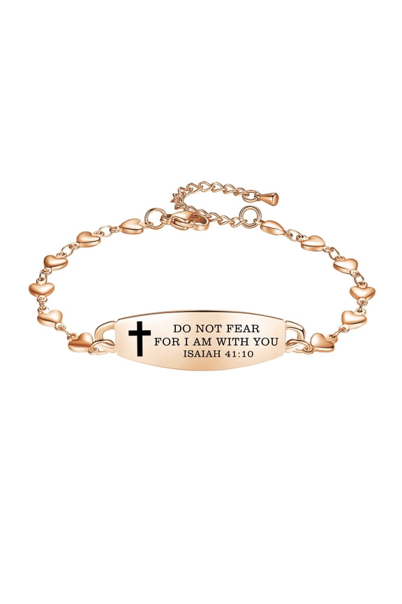Stylish heart chain Bible Verse Bracelet with Mantra Quotes -Rose gold cross bracelet-Christian Gifts for Women (Rose Gold,Do Not Fear...)