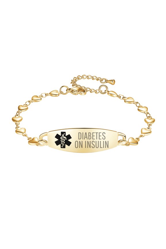 Fashion Gold Heart Medical Alert Bracelets for Women Diabetes on insulin bracelets 7-8.5 in Adjustable