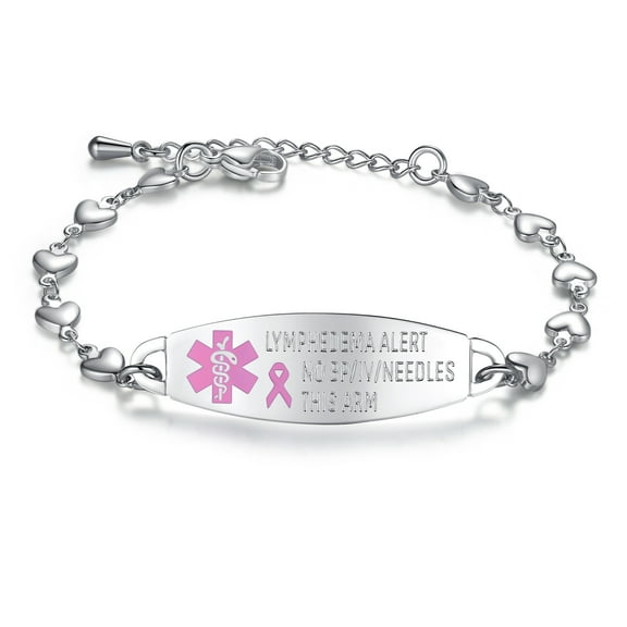 Linnalove Heart Medical Alert Bracelet for Women, Lymphedema Alert, No BP/IV/Needles This Arm, Adjustable 7-8.5 in