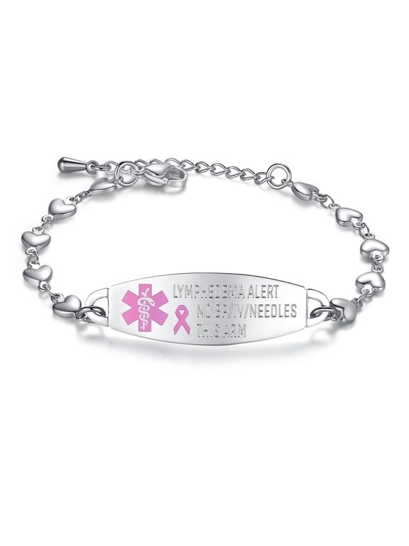 Heart Medical Alert Bracelet for Women, Lymphedema Alert, No BP/IV/Needles This Arm, Adjustable 7-8.5 in