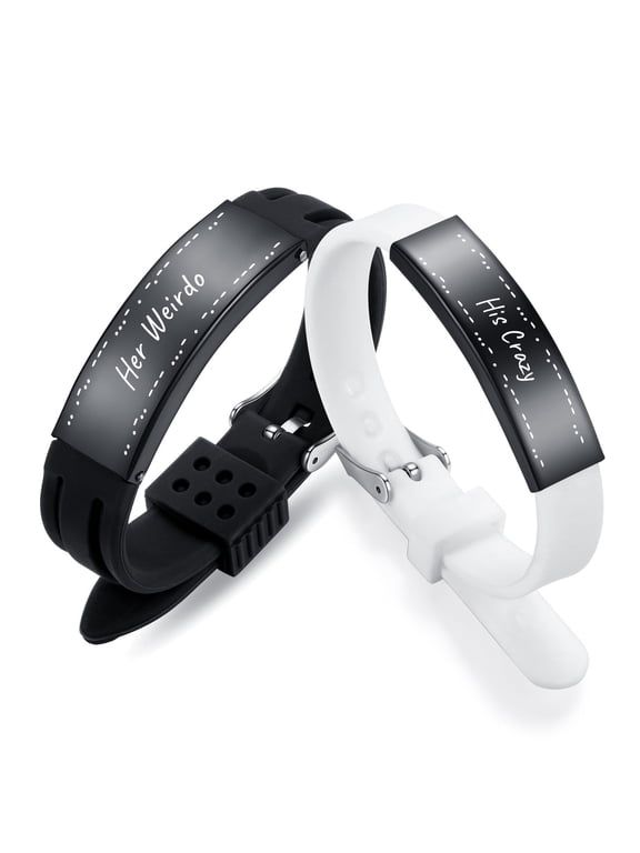 Stainless Steel and Silicone Couple Set Matching Bracelets, His Crazy Her Weird