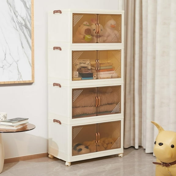 Linnerex 4-Tier Storage Bins with Lids, 58QT Stackable Storage Bins with Wheels, Closet Organizer and Storage, Plastic Large Collapsible Storage Containers for Home, Bedroom, Office Organization