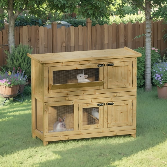 Linnnzi Wood Rabbit Hutch with Ramp and Ladder, Weatherproof Indoor/Outdoor Pet Bunny House with 2 Slide-Out Trays for Small Animals