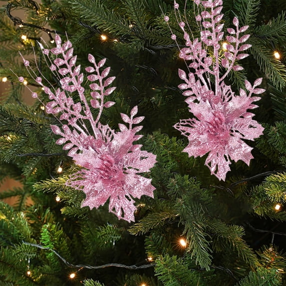 Linnome 1/2Pcs Christmas Tree Flower Artificial Glitter Poinsettia Flowers Fake Xmas Flowers for Wedding Christmas Tree New Year Ornaments