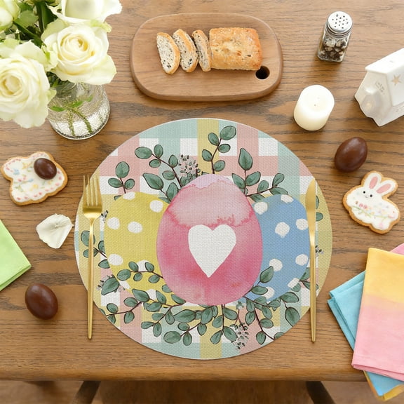 Linnome 14 Inch Round Linen Placemat Easter Table Setting Decor for Dining Kitchen Holiday Party Washable Fabric Table Mat