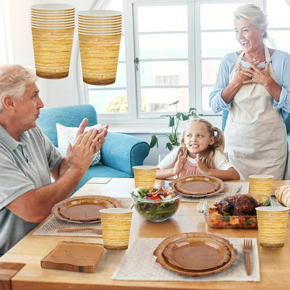 Linnome 16-Piece Camping Disposable Wood Grain Paper Cups Hunters Dinner Plates Hunting Birthday Party Lumberjack Camping Decor