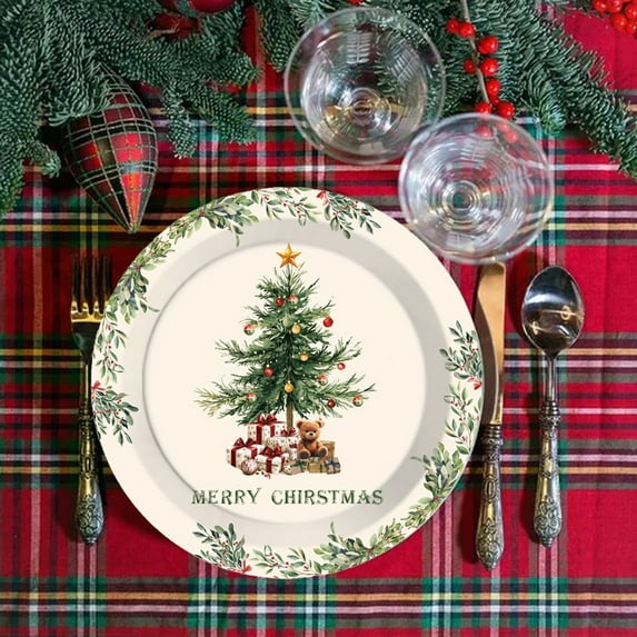 Linnome 16-Piece Christmas Tree Pattern Paper Trays, Disposable Circular Plates in 9 inch and 7 inch Sizes, Holiday Party Tableware for Events