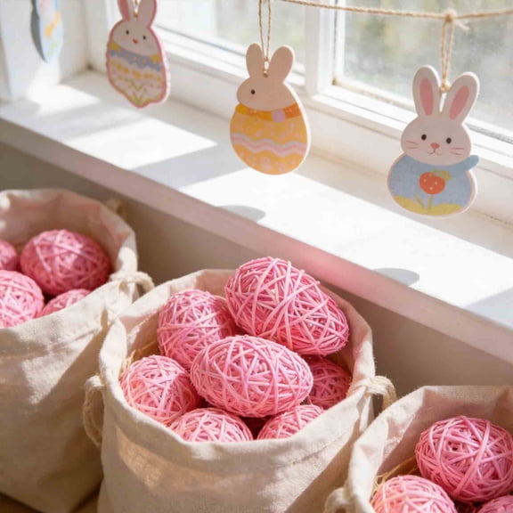 Linnome 2.6 Inch Natural Rattan Woven Oval Color Rattan Ball 2 Pack Spring Easter Home Decorative Hanging Orbs