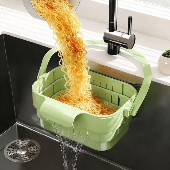 Linnome 2-In-1 Foldable Sink Basket Hanging Sink Colander Food Residue Filter Sponge Utensil Storage Strainer for Kitchen Fruit Vegetable Wash