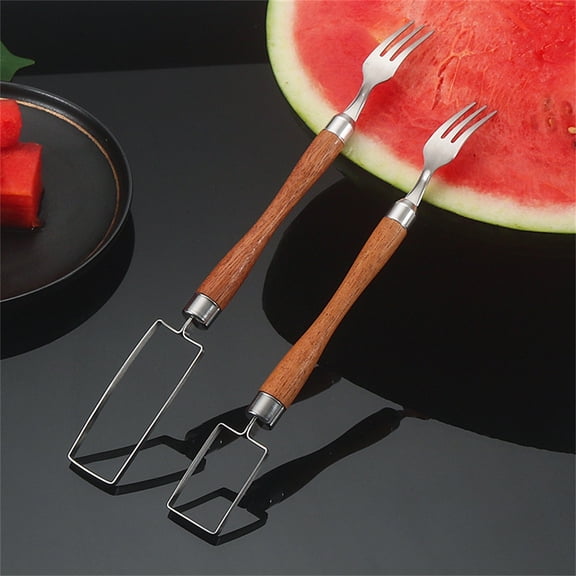 Linnome 2 in 1 Watermelon Slicer & Fruit Fork Set 2 Pack Wooden Handle Melon Cutter Serving Utensils 26cm & 29cm Sizes