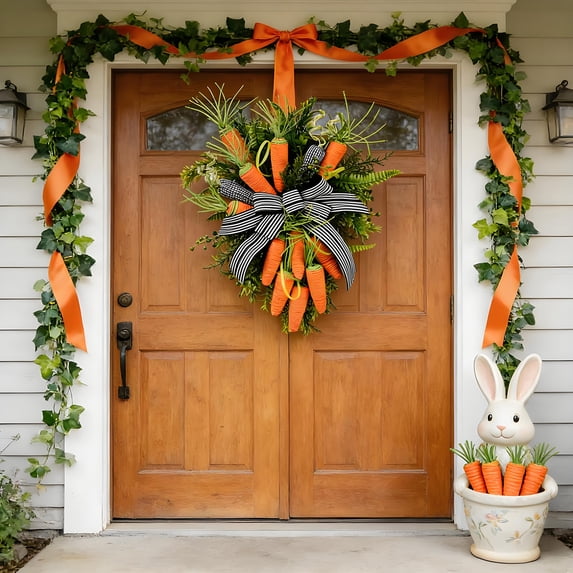 Linnome 20 Inch Easter Carrot Wreath with Butterfly Bows Spring Floral Wreath for Front Door Garden Wall Decor Farmhouse Decoration