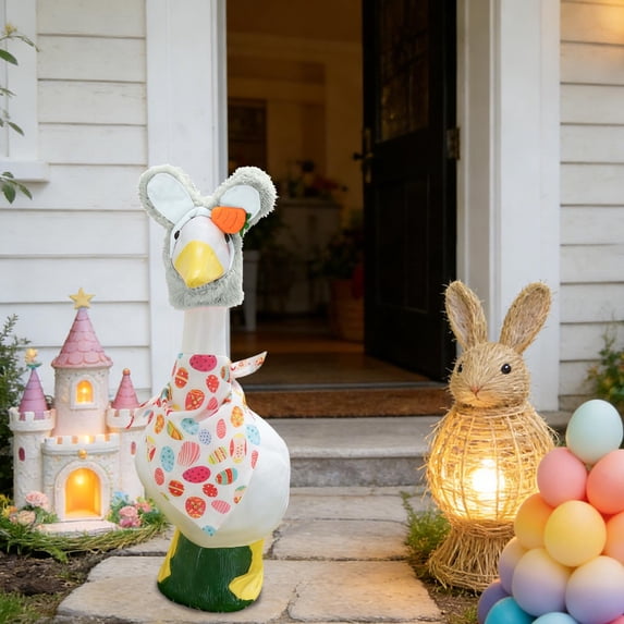 Linnome 23 Inch Large White Goose Holiday Decor Easter Porch Goose Clothing Set Spring Outdoor Festive Dress Up Suit