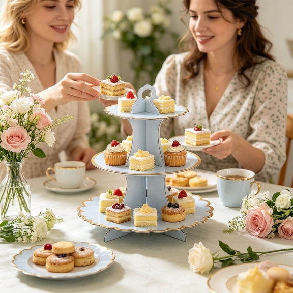 Linnome 3 Tier Disposable Dessert Stand Plastic Macaron Cupcake Holder Pastry Serving Tray Multicolor Scalloped Party Treat Display Rack for Wedding Birthday Tea Party