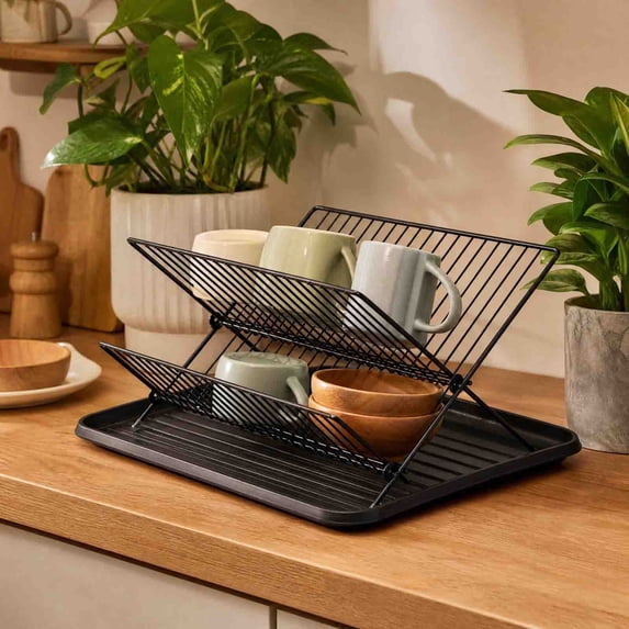 Linnome 3 Tier Foldable Dish Drying Rack Drainage Tray Stainless Steel,Kitchen Counter Dish Plate Bowl Storage Organizer Black Metal,Multi-Layer Dish Drainer Shelf for Kitchen Counter Space Saving