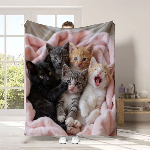 Linnome 30x40 Inch Flannel Cozy Throw Blanket with Cat Pattern for Bed Couch Warm Soft Comfort Animal Lover Gift