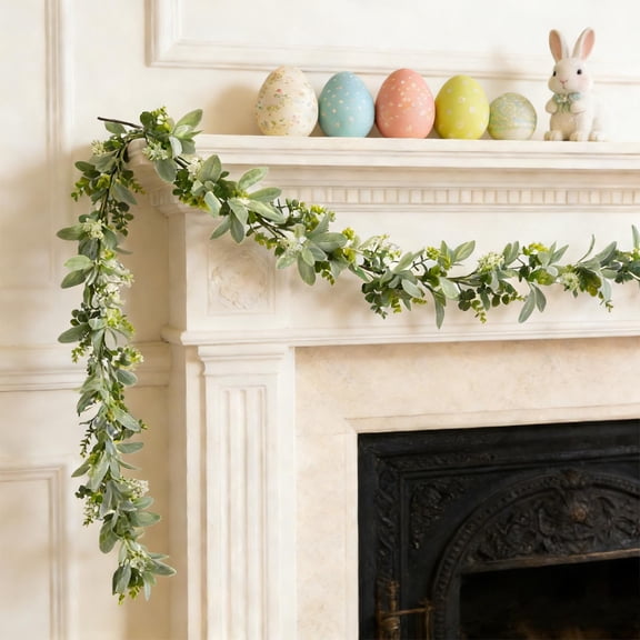 Linnome 6 FT Easter Artificial Garland Eucalyptus Bunny Ear Leaf Vine Fireplace Door Hanging Decor