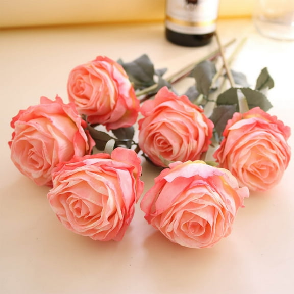 Linnome 6PCS Roses Artificial Flowers– 18.9" Orange Rose Silk Flowers with Long Stems Realistic Fake Rose Bouquet for DIY Wedding Arrangements Table Vase Centerpieces Home Event Decor