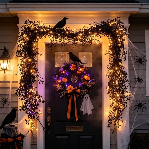 Linnome 70.8 Inch Halloween Glowing Artificial Rattan Decor, Black Spooky Vine Garland with LED String Lights, Festive Hanging Ornament for Indoor Outdoor Fireplace Stairs Wall Door and Window