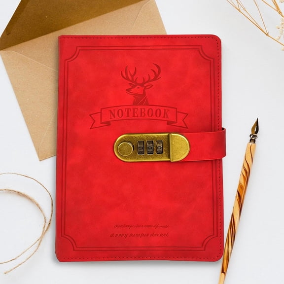 Linnome A5 Deer Head Lockable Diary with Combination Notepad Business Style Thickened Journal for Work Planning 8.7x5.9in Z1-Red