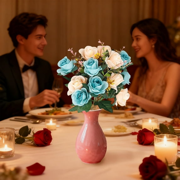Linnome Artificial Rose Bouquet Plastic Silk Flower Valentine's Day Wedding Decor Lifelike Floral Arrangement for Home Party