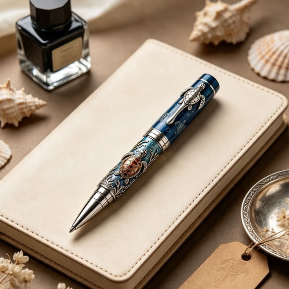 Linnome Beautiful Ocean Themed Rollerball Pen Vintage 2D Printed Design - Elegant Marine Pattern Writing Pen 2ml Refill - Collectible Sea Life Ballpoint Pen for Office Business Gift