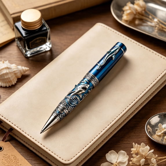 Linnome Beautiful Ocean Themed Rollerball Pen Vintage 2D Printed Design - Elegant Marine Pattern Writing Pen 2ml Refill - Collectible Sea Life Ballpoint Pen for Office Business Gift