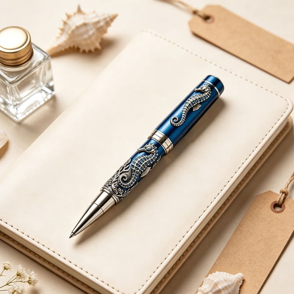 Linnome Beautiful Ocean Themed Rollerball Pen Vintage 2D Printed Design - Elegant Marine Pattern Writing Pen 2ml Refill - Collectible Sea Life Ballpoint Pen for Office Business Gift