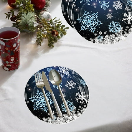 Linnome Black Snowflake Paper Plates and Napkins Set, Winter Theme Party Tableware Collection for Birthday Celebration
