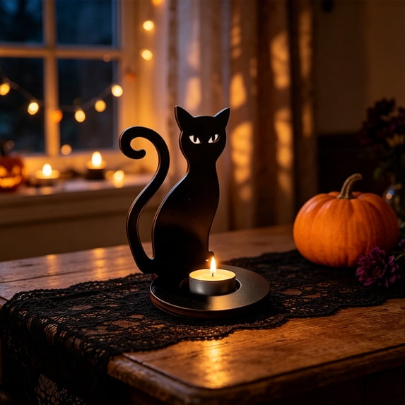 Linnome Black Wood Halloween Candle Holder Hollow Silhouette Ghost Scarecrow Tea Light Stand Anti Tipping Table Centerpiece Indoor Halloween Party Decor