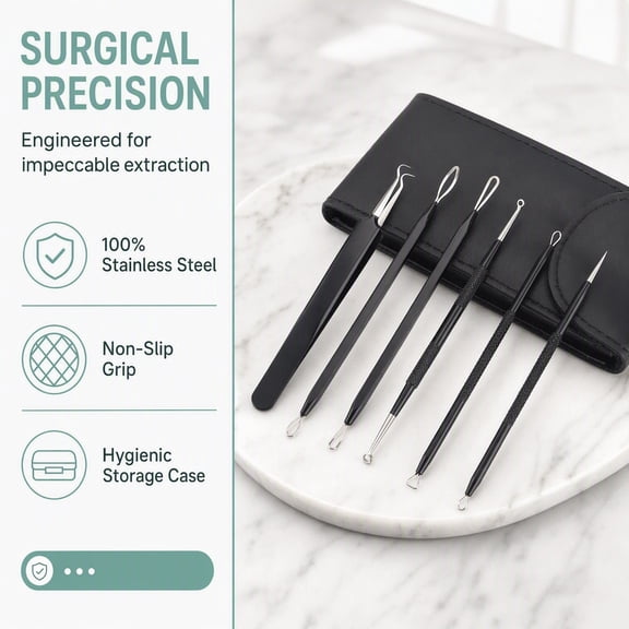 Linnome Blackhead Remover Tool Kit 6Pcs Stainless Steel Pimple Popper Set Curved Tweezers Loop Extractors Double Ended Needles Leather Storage Case for Blackheads Whiteheads Milia Facial Skin Care