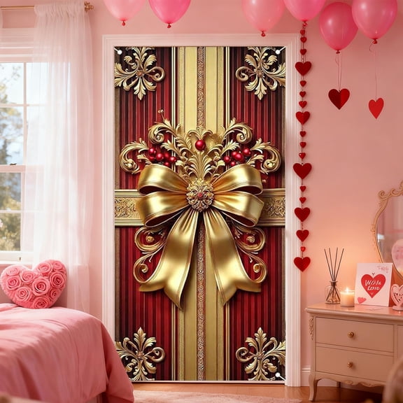 Linnome Bow Printed Door Cover for Valentine's Day Parties Courtyard Home Decor Festive Hanging Fabric