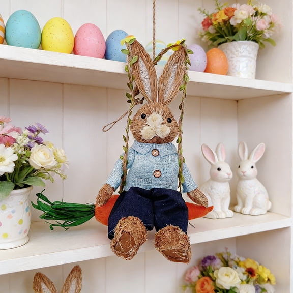 Linnome Braided Grass Bunny Wall Hanging Easter Spring Decor for Front Door Patio Garden Rustic Farmhouse Style Handcrafted Natural Material