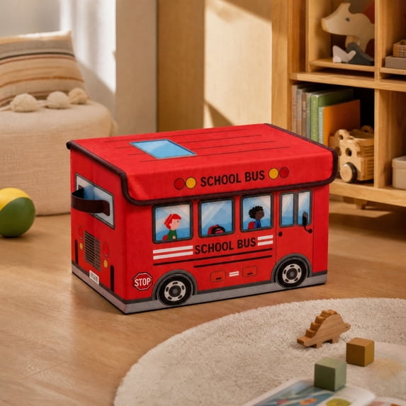 Linnome Bus Shaped Storage Box, Soft Fabric Toy Chest with Lid & Reinforced Handles, Collapsible Large Toy Organizer Bin for Playroom Bedroom Home Organization