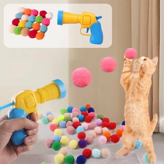 Linnome Cat Toy Gun Launcher Interactive Plush Ball Shooter Silent Soft High Elastic Balls For Indoor Hunting Play Exercise Fun