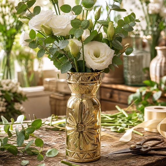 Linnome Ceramic Flower Vase Electroplated Gold Embossed Sunflower Sculpture 2 Sizes Gloss Luxury Tabletop Dry Floral Container Entry Coffee Bedroom Decor