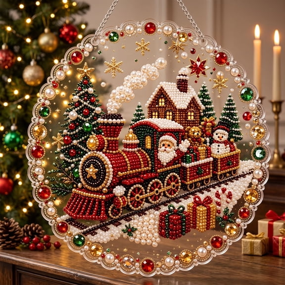 Linnome Christmas Diamond Art Sun Catcher Set Acrylic,Shiny Christmas Tree Holiday Decoration Pendant,Creative Easy Follow Instructions for Windows Family Craft Arts Gift All Ages