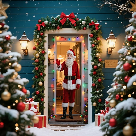 Linnome Christmas Door Banner Featuring Santa with Dog, Durable Fabric Hanging for Outdoor Christmas Decor and Heartwarming Holiday Photo Backgrounds