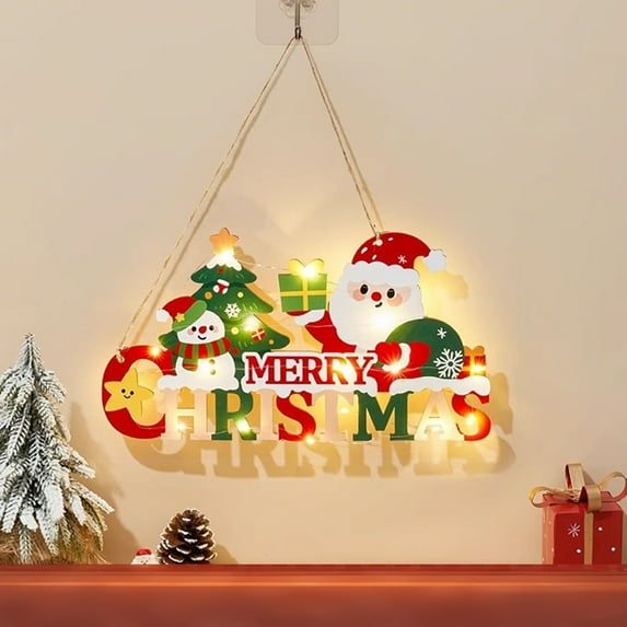 Linnome Christmas Wooden LED Decorative Wall Hanging Paintings Santa Claus Merry Christmas Crafts Ambiance Lights Home Wall Decor