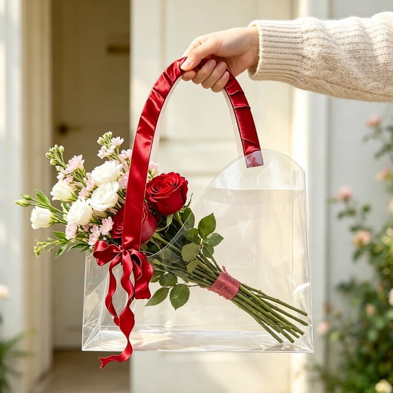 Linnome Clear Plastic Gift Bags with Handles Reusable Transparent Tote Bags Waterproof PVC Goodie Flower Bags for Wedding Party Birthday Bridal Shower Gift 11.81x7.87in